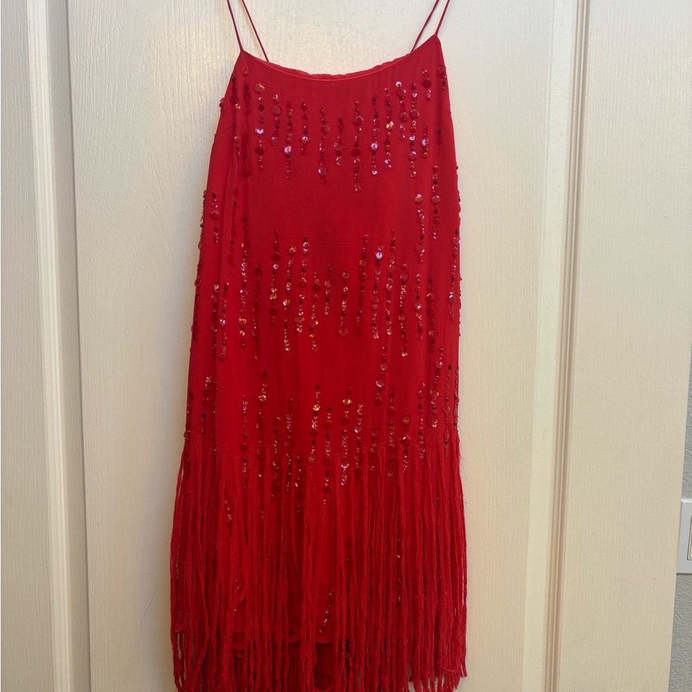 Free People Red Sequin Fringe Mini Dress
